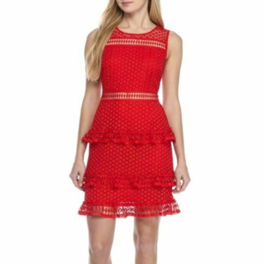 Romeo + Juliet Red Crochet Lace Tiered Ruffle Sheath Dress Size Small